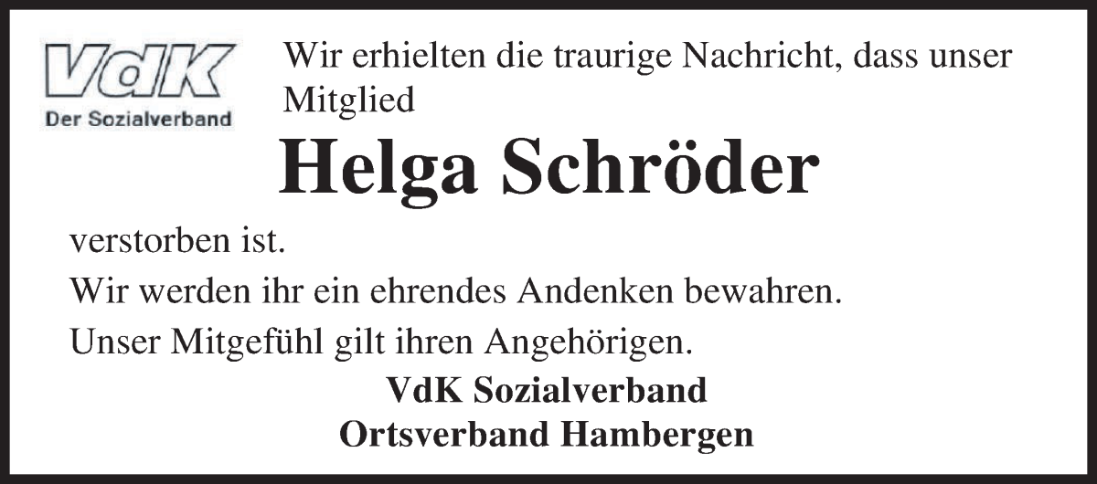  Traueranzeige für Helga Schröder vom 16.09.2023 aus Osterholzer Kreisblatt