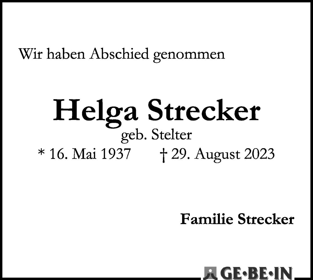 Traueranzeige von Helga Strecker von WESER-KURIER