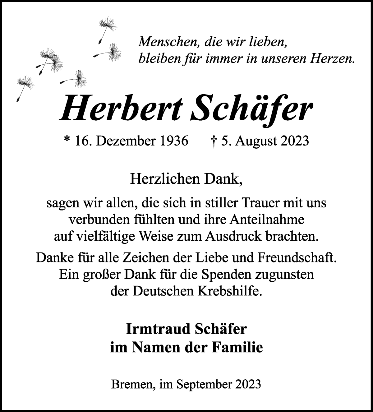 Traueranzeige von Herbert Schäfer von WESER-KURIER