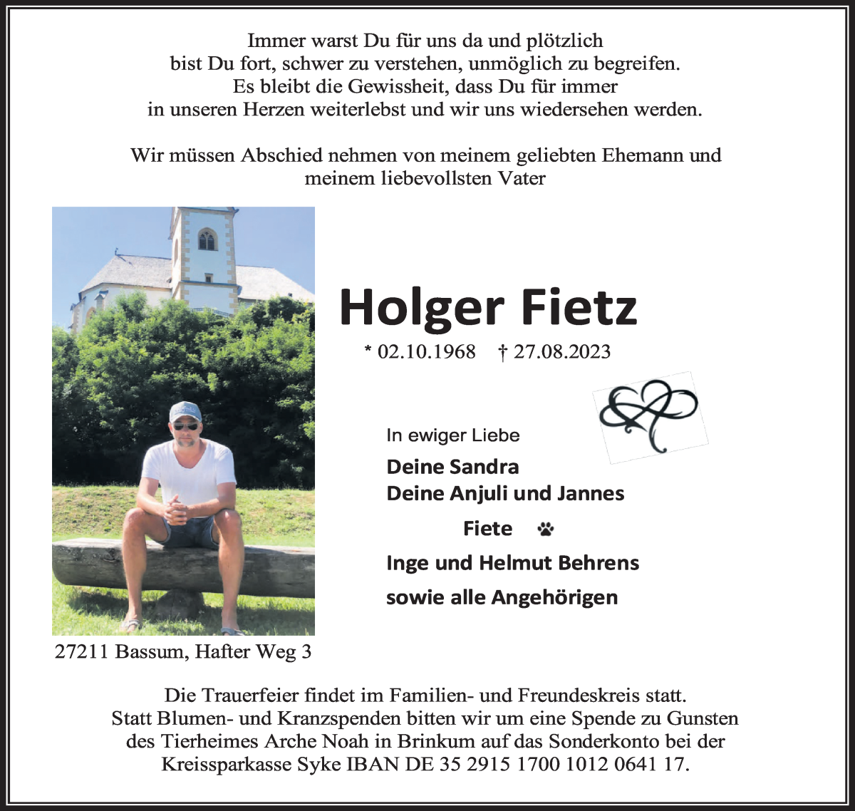  Traueranzeige für Holger Fietz vom 02.09.2023 aus WESER-KURIER