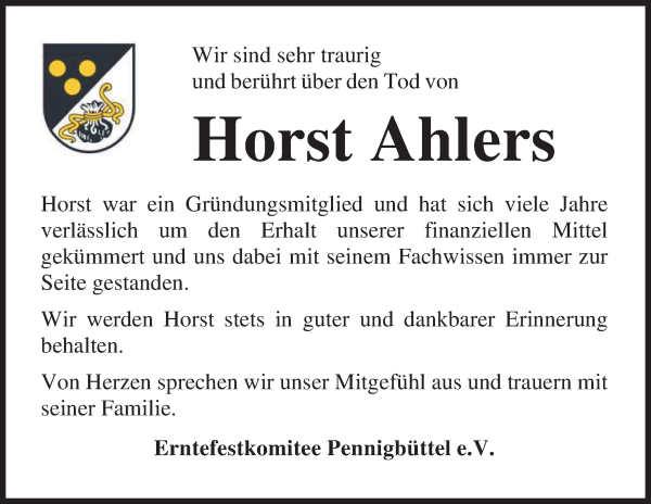 Traueranzeige von Horst Ahlers von Osterholzer Kreisblatt