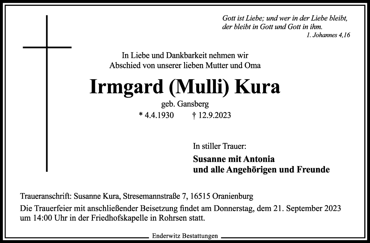  Traueranzeige für Irmgard (Mulli) Kura vom 18.09.2023 aus WESER-KURIER