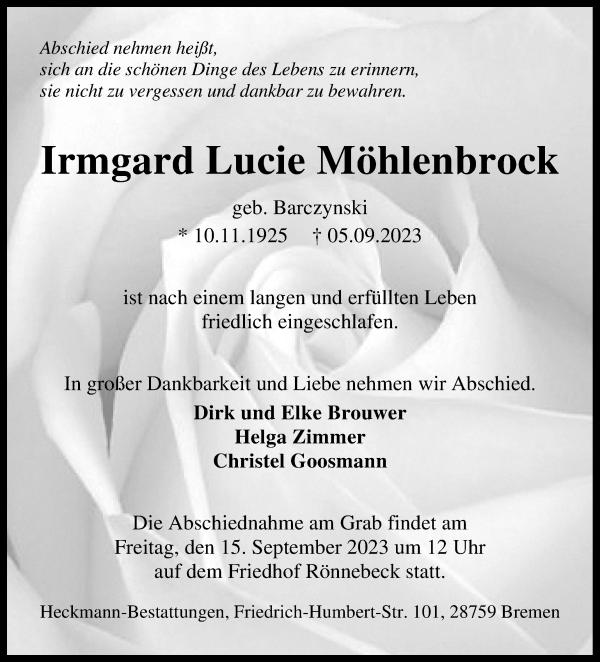 Traueranzeige von Irmgard Lucie Möhlenbrock