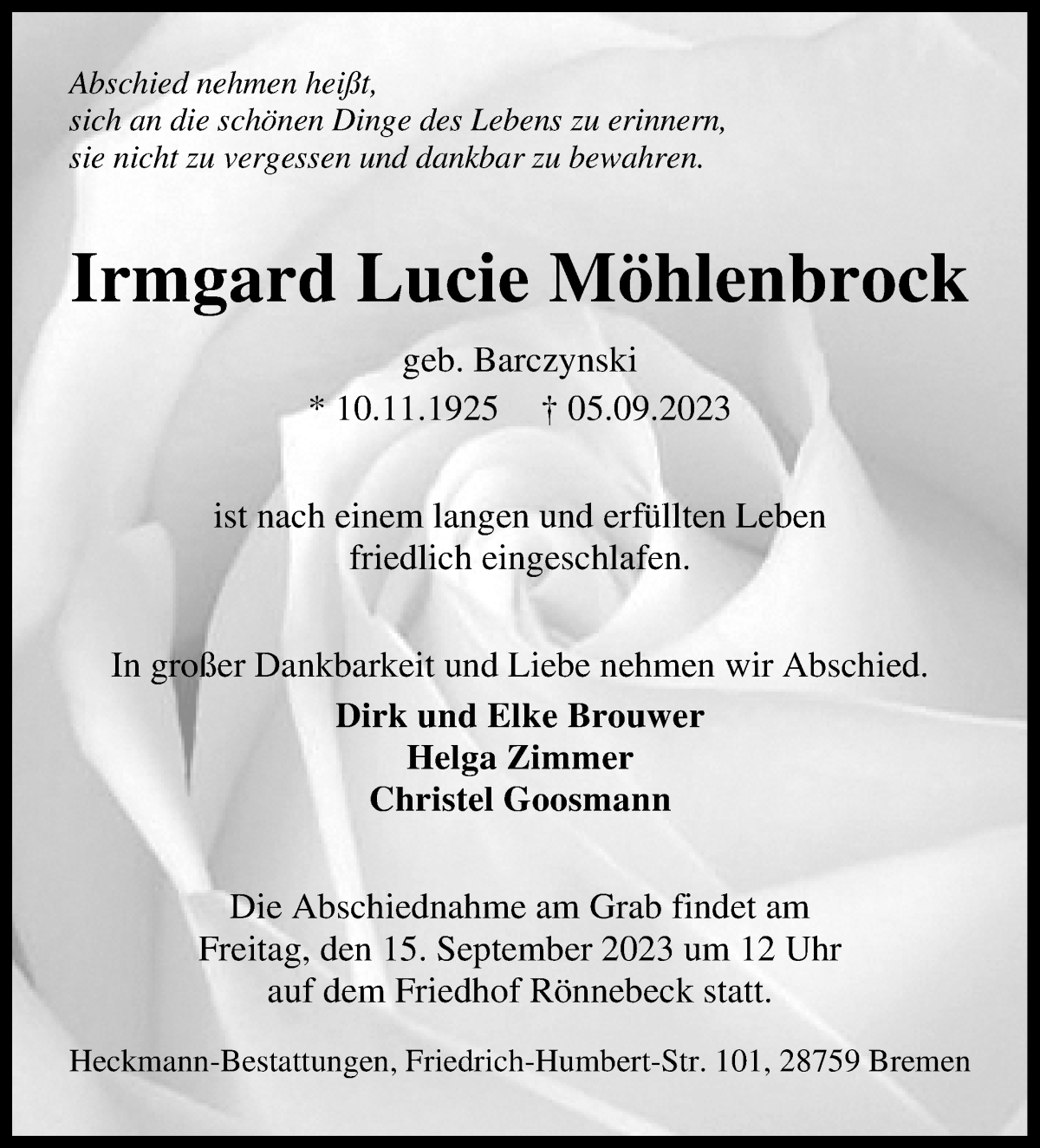 Traueranzeige von Irmgard Lucie Möhlenbrock von Die Norddeutsche