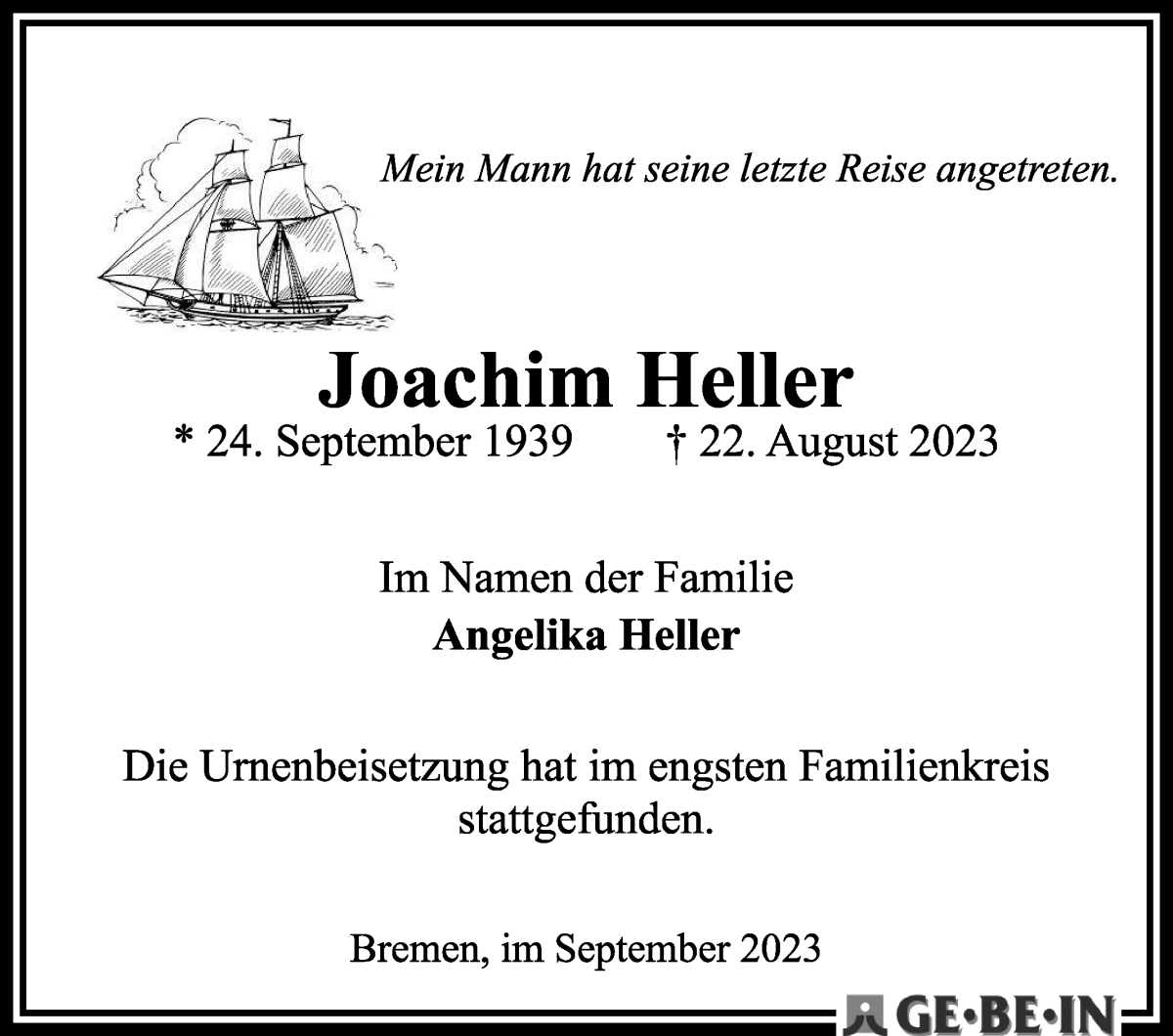 Traueranzeige von Joachim Heller von WESER-KURIER