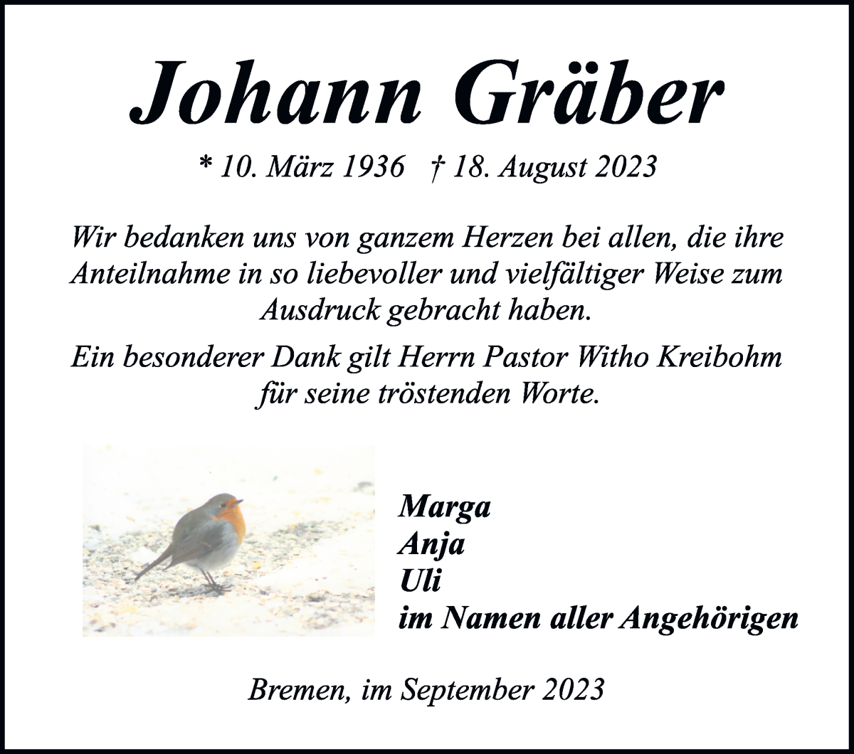 Traueranzeige von Johann Gräber von WESER-KURIER