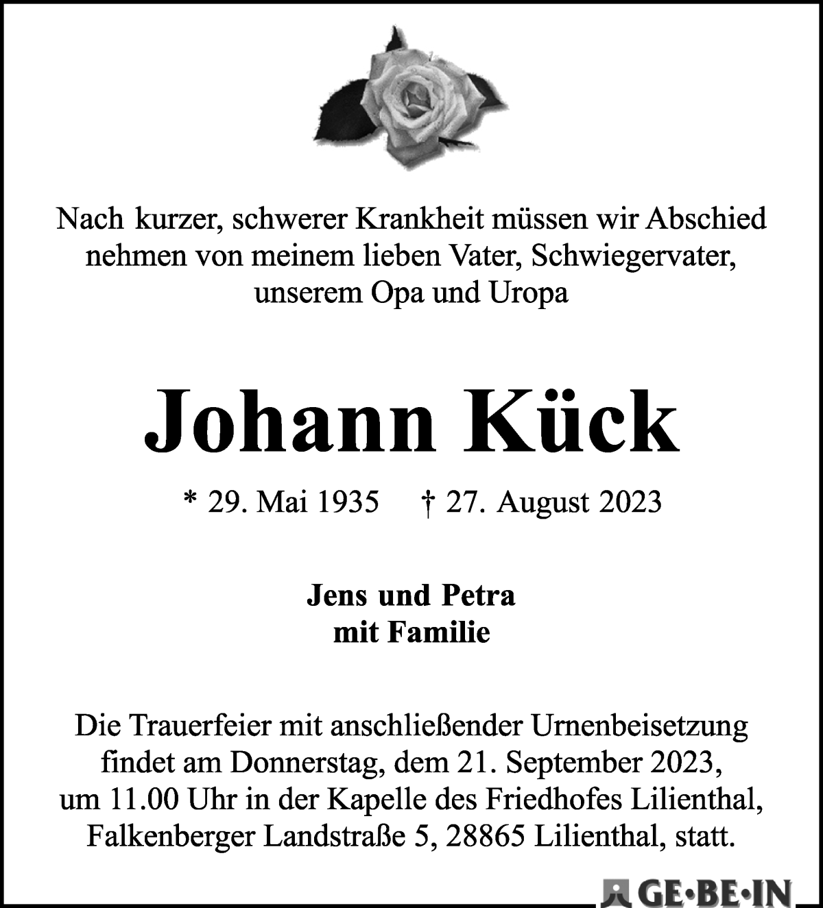 Traueranzeige von Johann Kück von WESER-KURIER