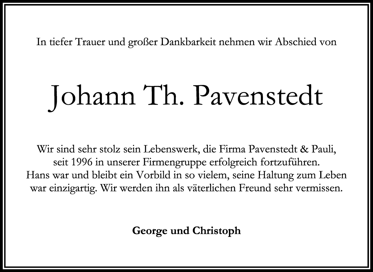 Traueranzeige von Johann  Pavenstedt von WESER-KURIER