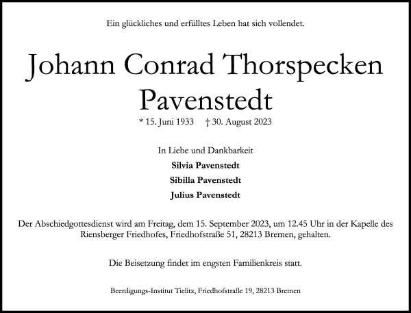 Traueranzeige von Johann Conrad Thorspecken Pavenstedt