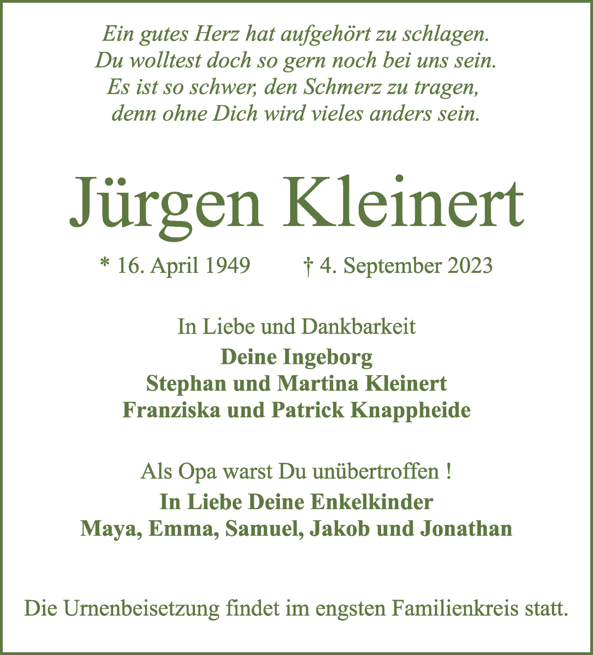  Traueranzeige für Jürgen Kleinert vom 09.09.2023 aus WESER-KURIER