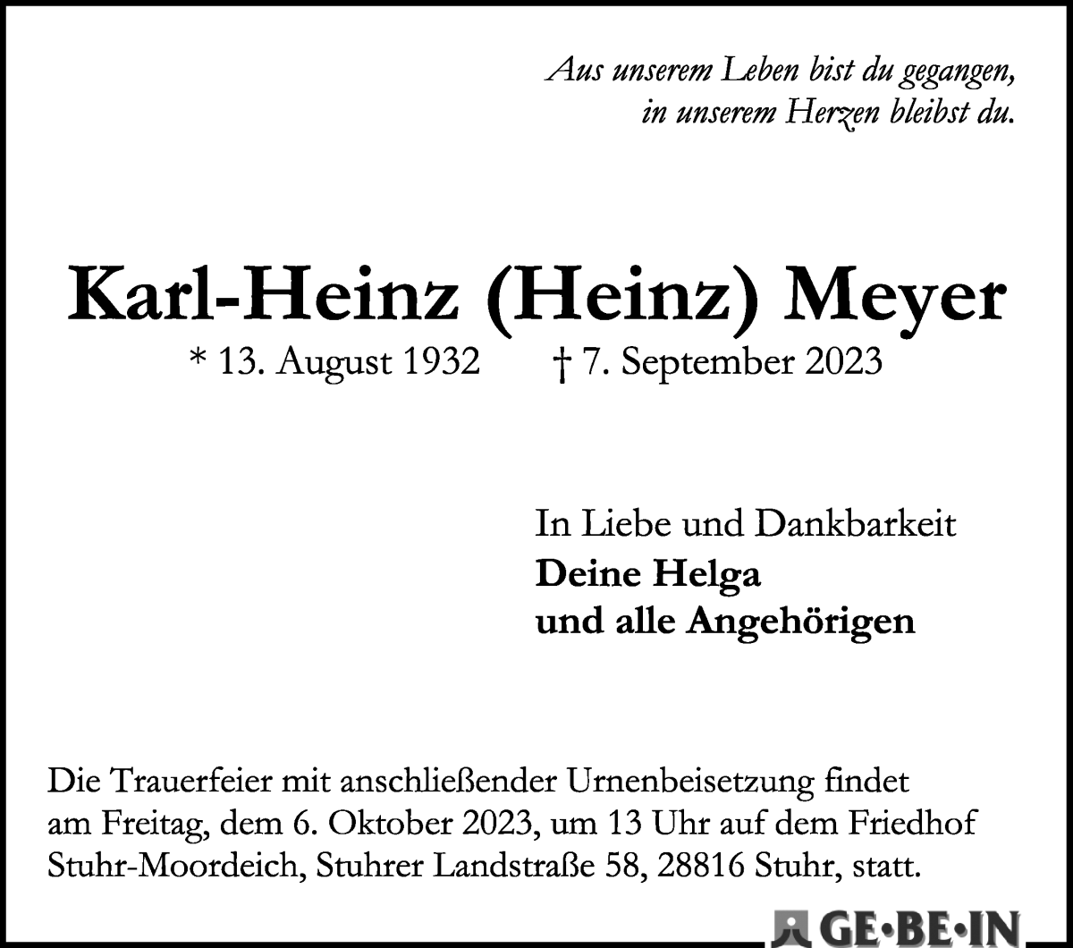 Traueranzeige von Karl-Heinz Meyer von WESER-KURIER