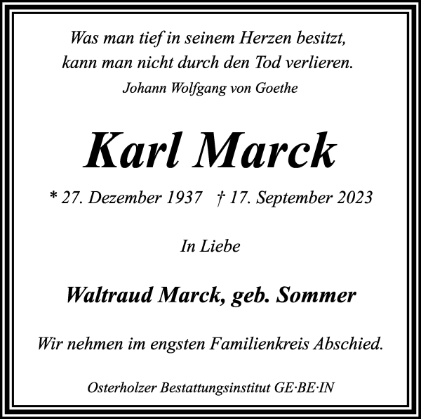 Traueranzeige von Karl Marck von WESER-KURIER