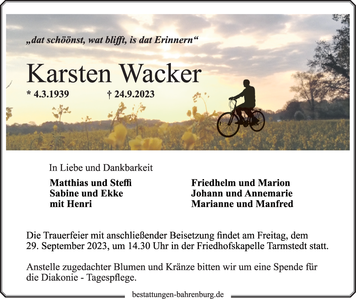 Traueranzeige von Karsten Wacker von Wuemme Zeitung