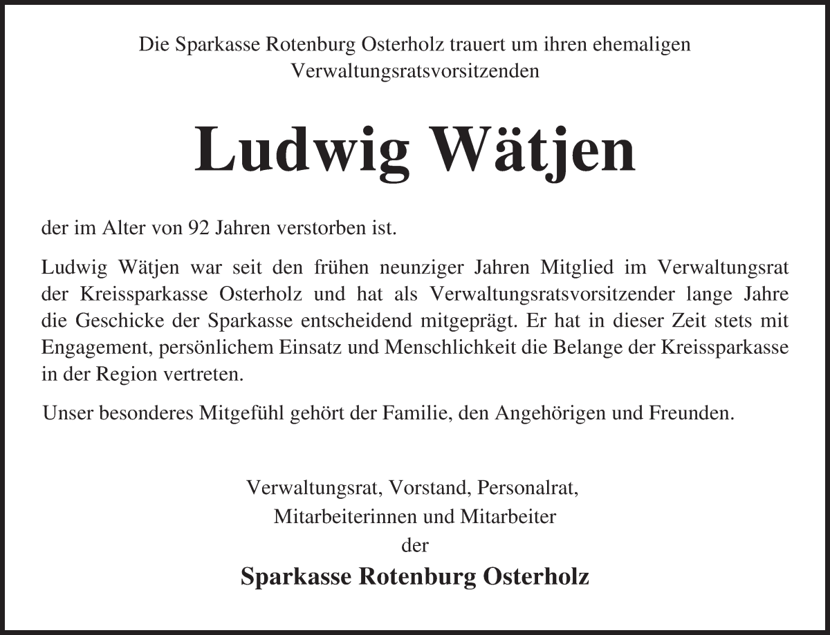 Traueranzeige von Ludwig Wätjen von Osterholzer Kreisblatt