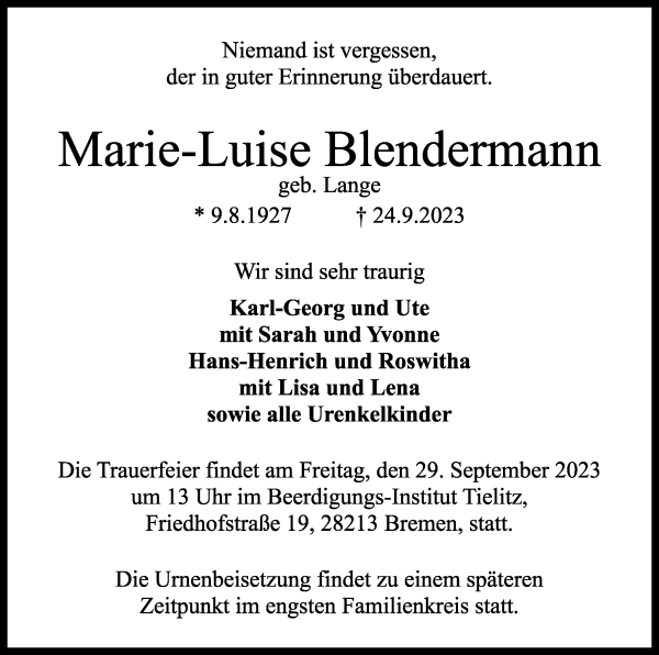 Traueranzeige von Marie-Luise Blendermann