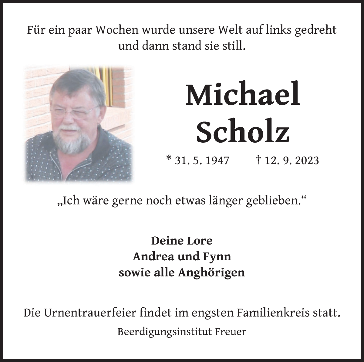  Traueranzeige für Michael Scholz vom 16.09.2023 aus WESER-KURIER