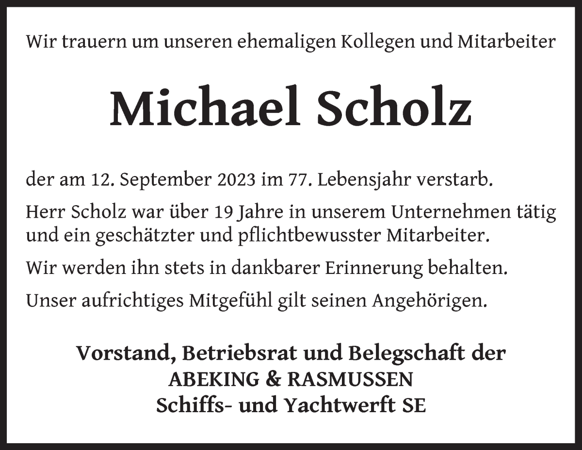  Traueranzeige für Michael Scholz vom 20.09.2023 aus Die Norddeutsche
