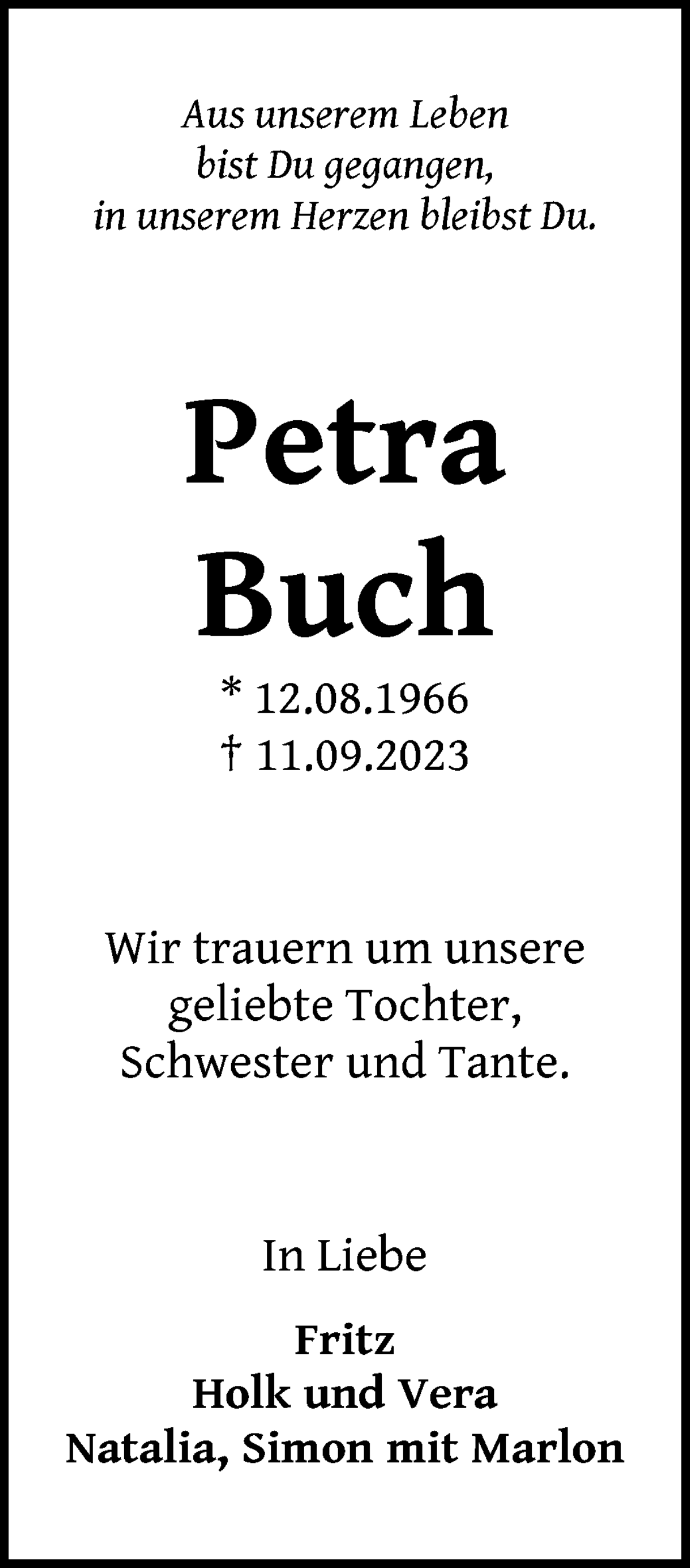  Traueranzeige für Petra Buch vom 16.09.2023 aus WESER-KURIER