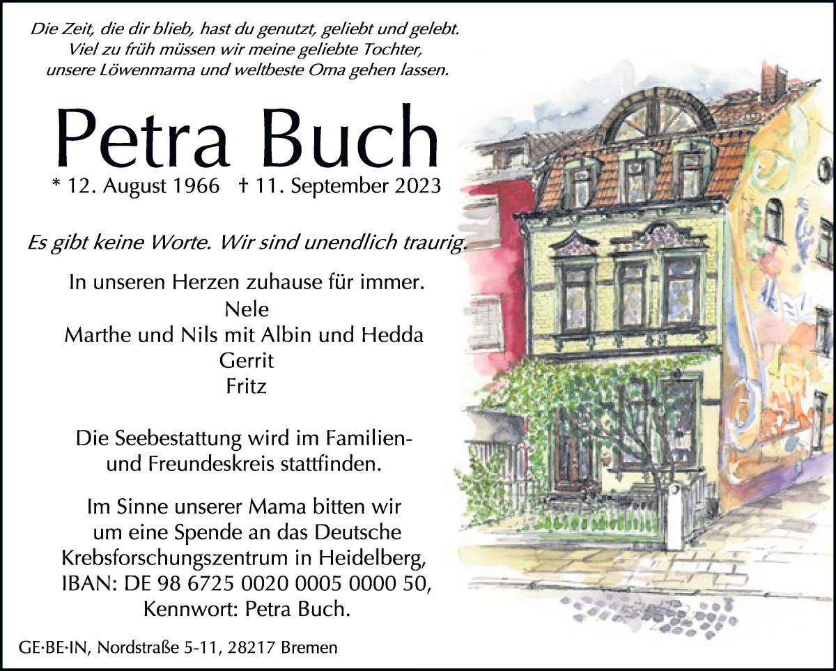  Traueranzeige für Petra Buch vom 16.09.2023 aus WESER-KURIER