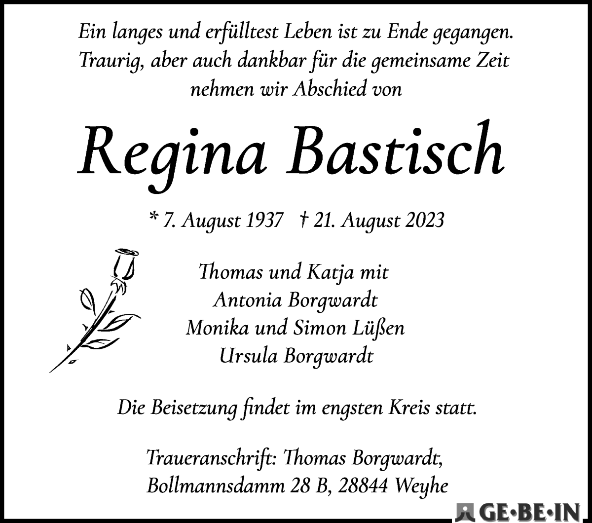 Traueranzeige von Regina Bastisch von WESER-KURIER