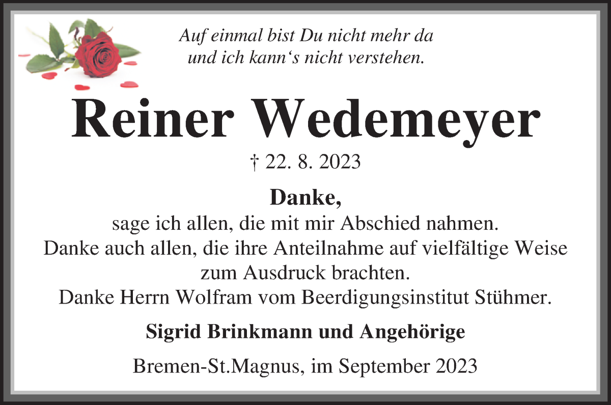  Traueranzeige für Reiner Wedemeyer vom 23.09.2023 aus Die Norddeutsche