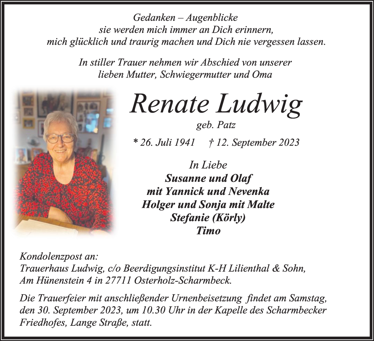  Traueranzeige für Renate Ludwig vom 23.09.2023 aus Osterholzer Kreisblatt