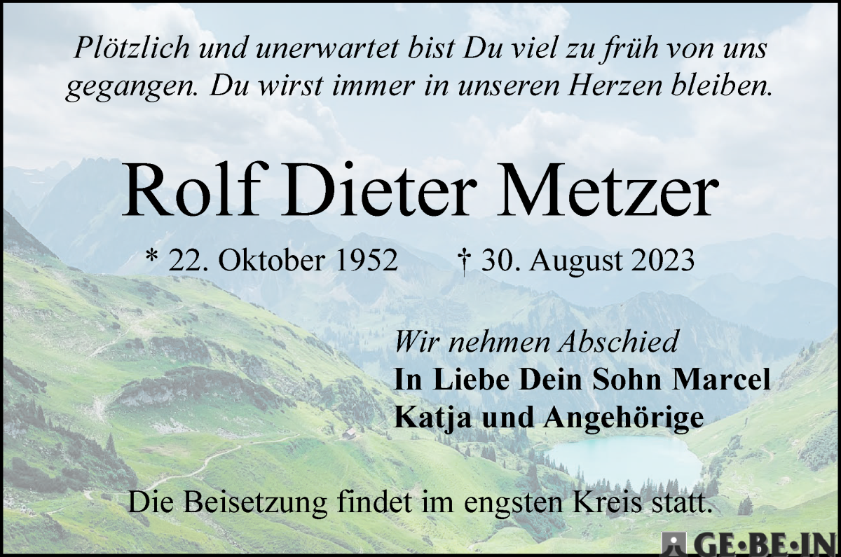  Traueranzeige für Rolf Dieter Metzer vom 09.09.2023 aus WESER-KURIER