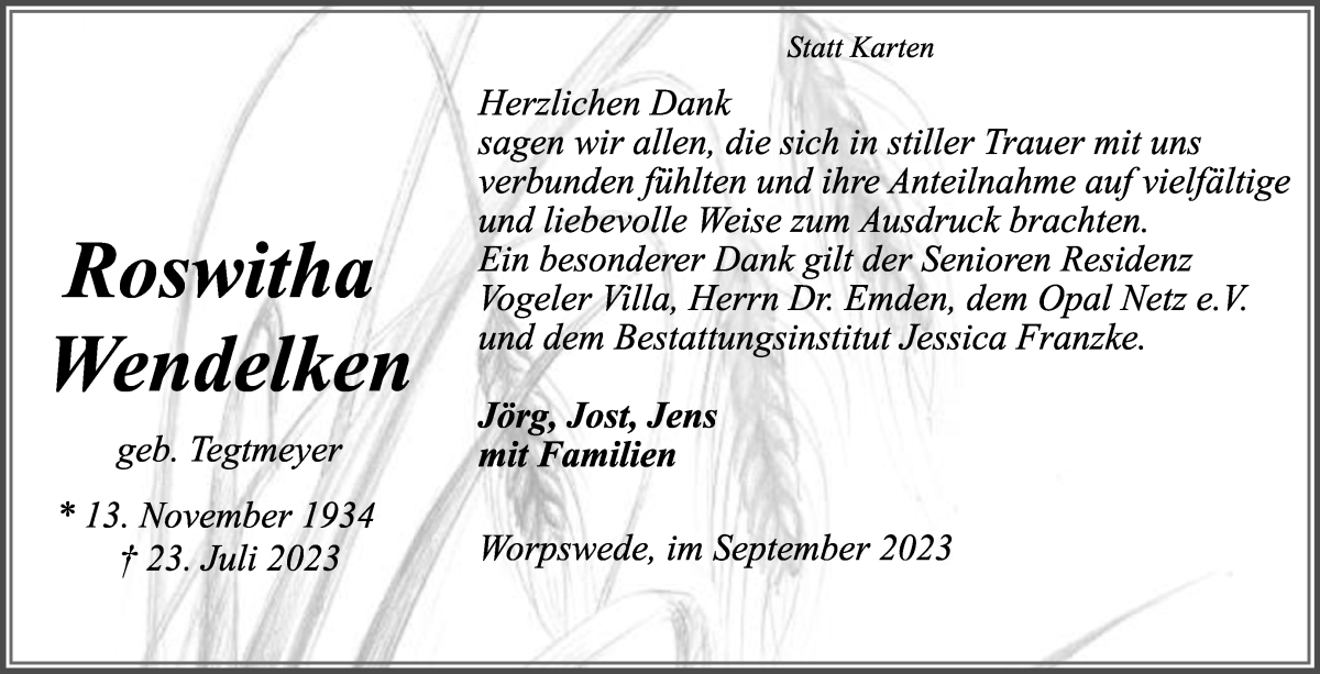 Traueranzeige von Roswitha Wendelken von Wuemme Zeitung