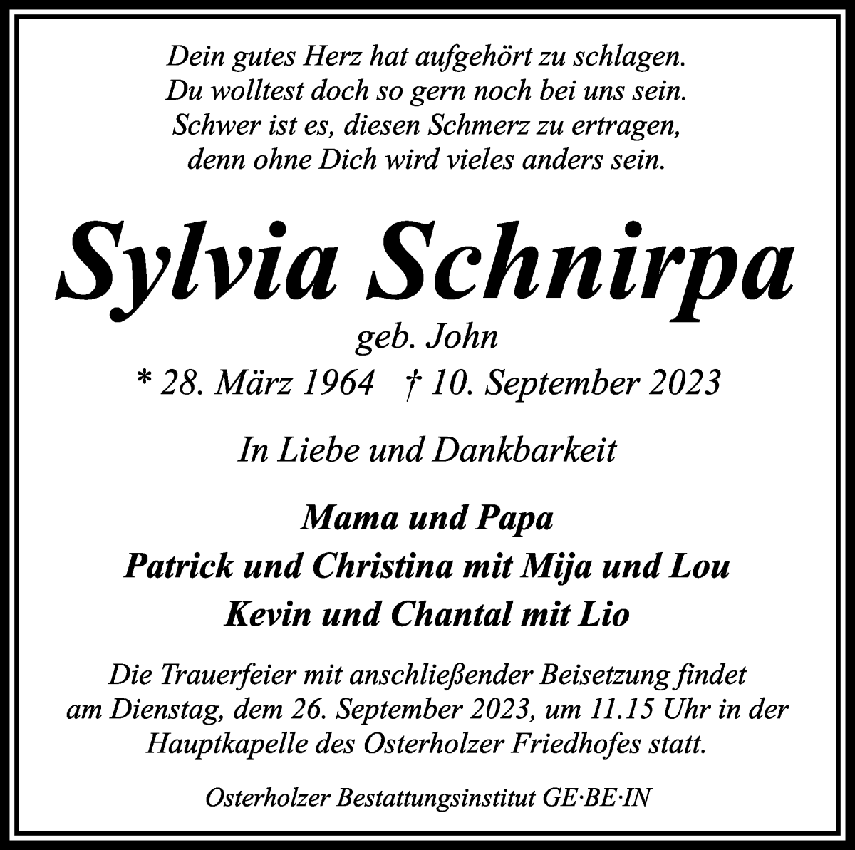  Traueranzeige für Sylvia Schnirpa vom 16.09.2023 aus WESER-KURIER