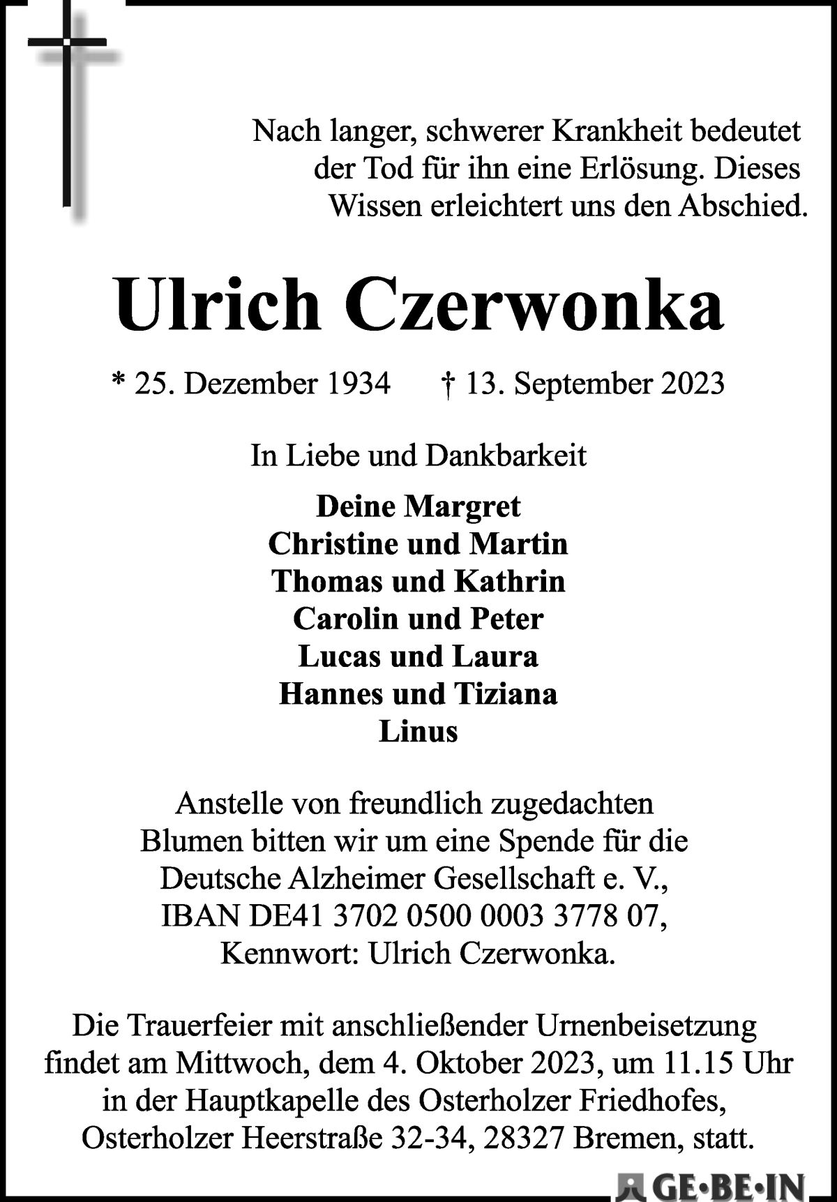 Traueranzeige von Ulrich Czerwonka von WESER-KURIER
