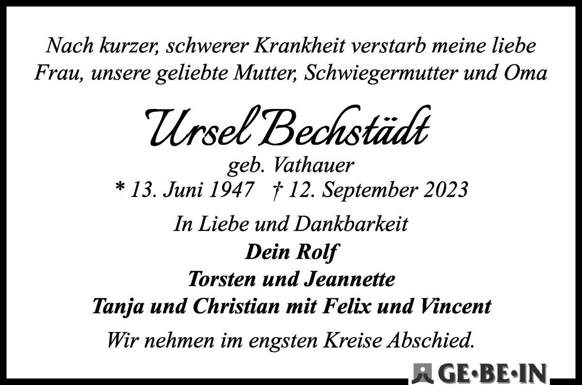  Traueranzeige für Ursula Bechstädt vom 16.09.2023 aus WESER-KURIER