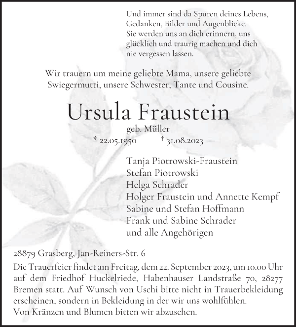 Traueranzeige von Ursula Fraustein