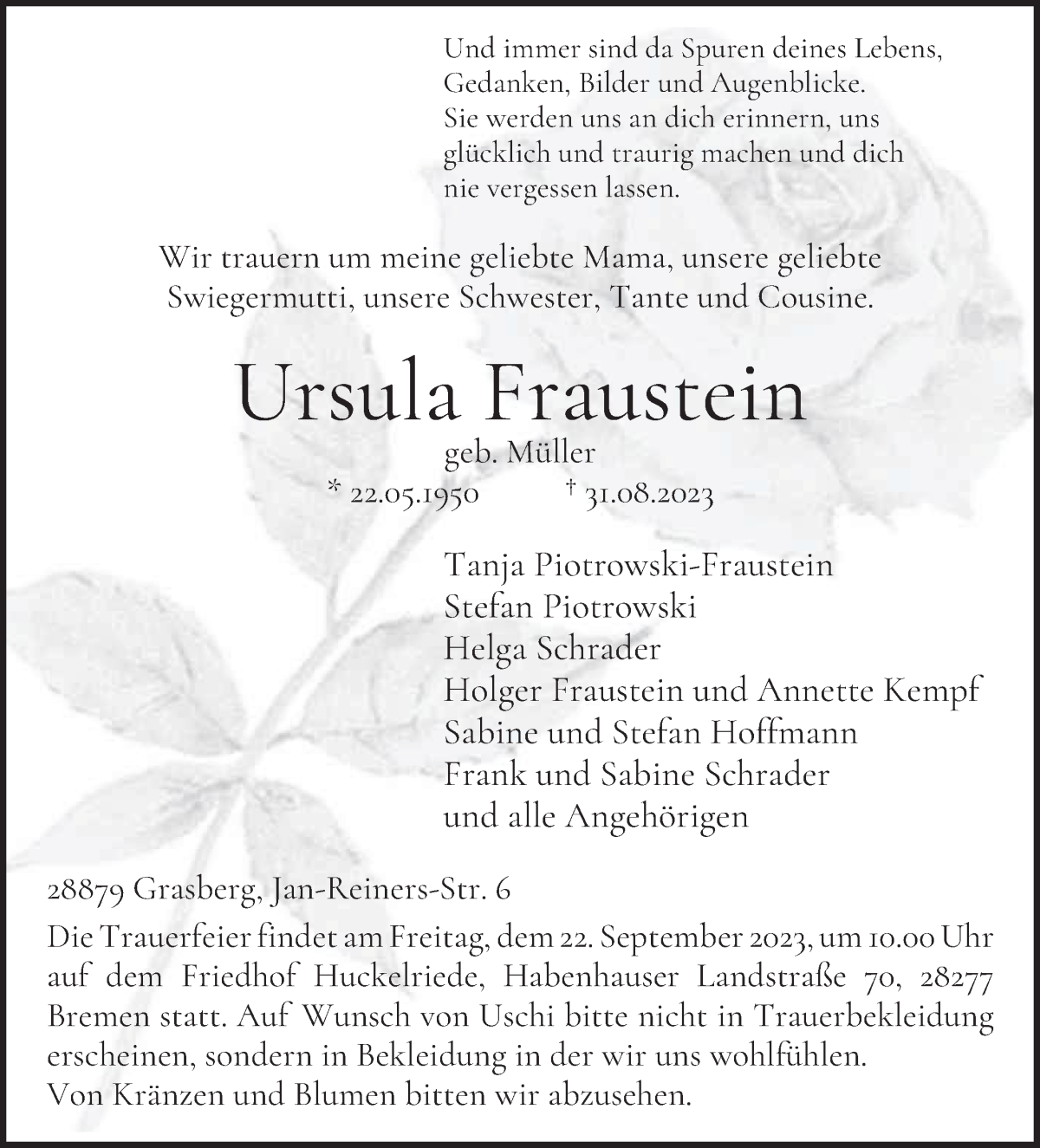 Traueranzeige von Ursula Fraustein von WESER-KURIER