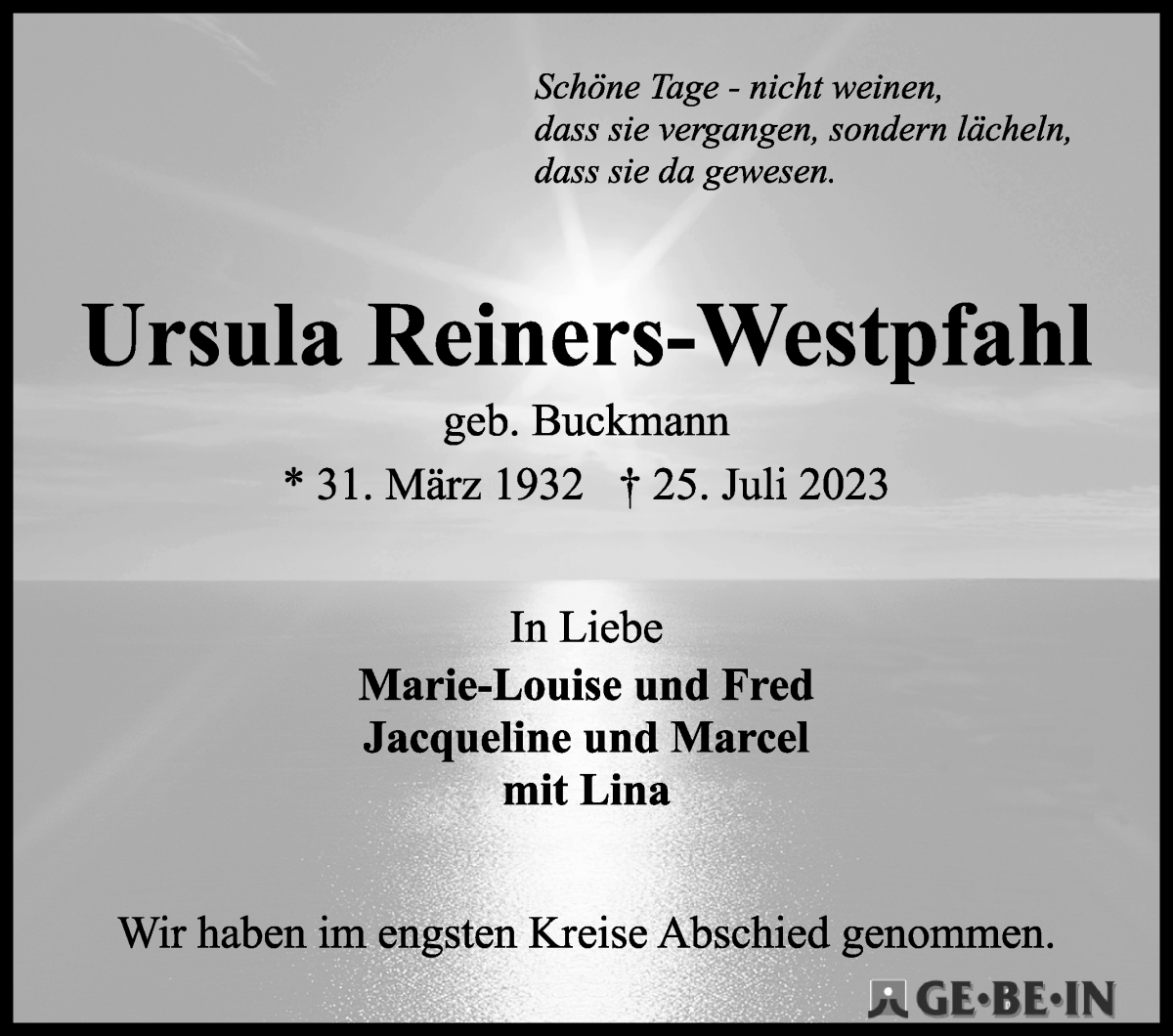 Traueranzeige von Ursula Reiners-Westpfahl von WESER-KURIER