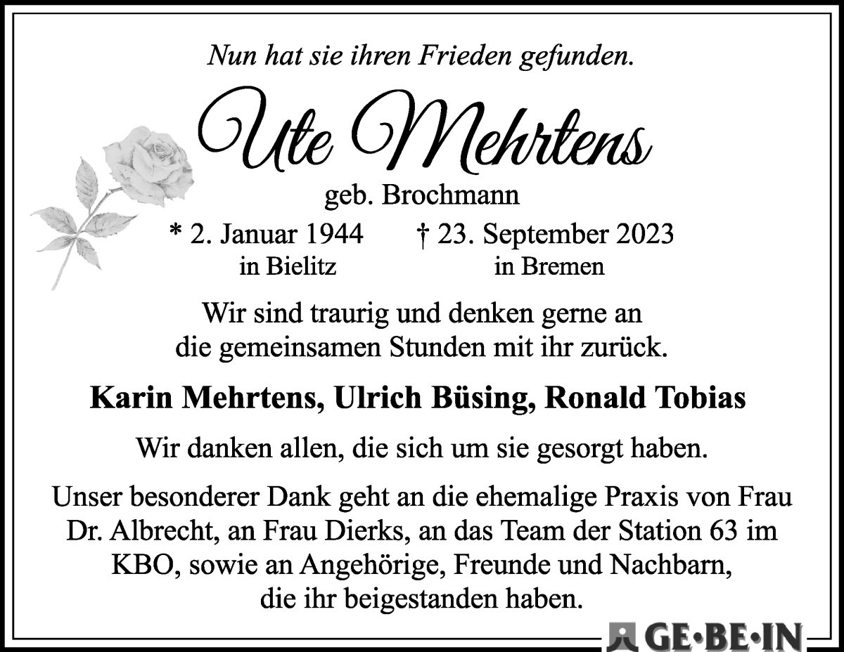Traueranzeige von Ute Mehrtens von WESER-KURIER