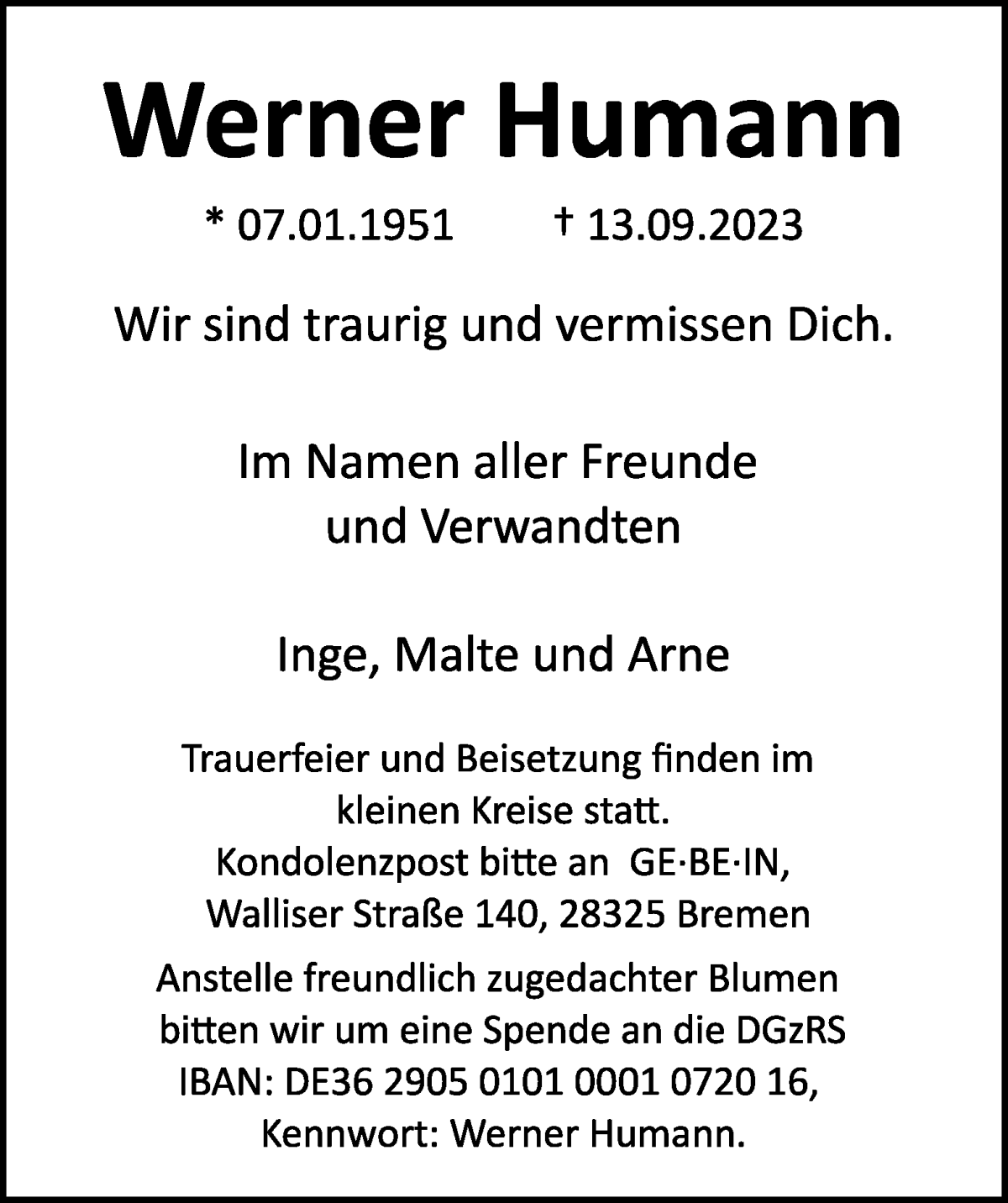 Traueranzeige von Werner Humann von WESER-KURIER
