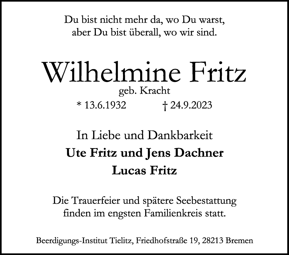 Traueranzeige von Wilhelmine Fritz von WESER-KURIER