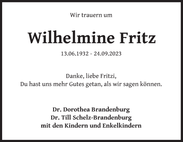 Traueranzeige von Wilhelmine Fritz