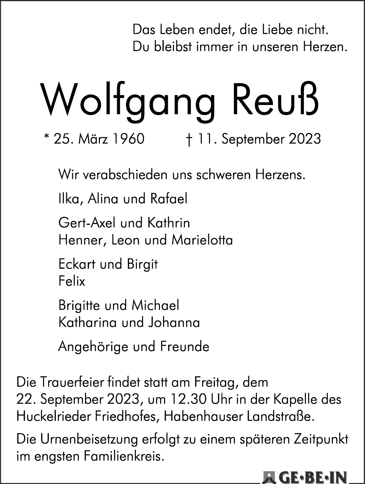  Traueranzeige für Wolfgang Reuß vom 16.09.2023 aus WESER-KURIER