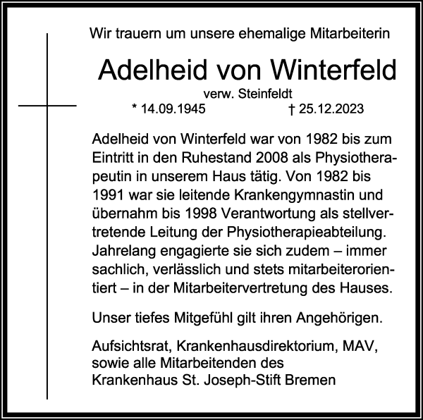 Traueranzeige von Adelheid von Winterfeld