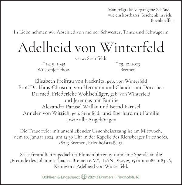 Traueranzeige von Adelheid von Winterfeld