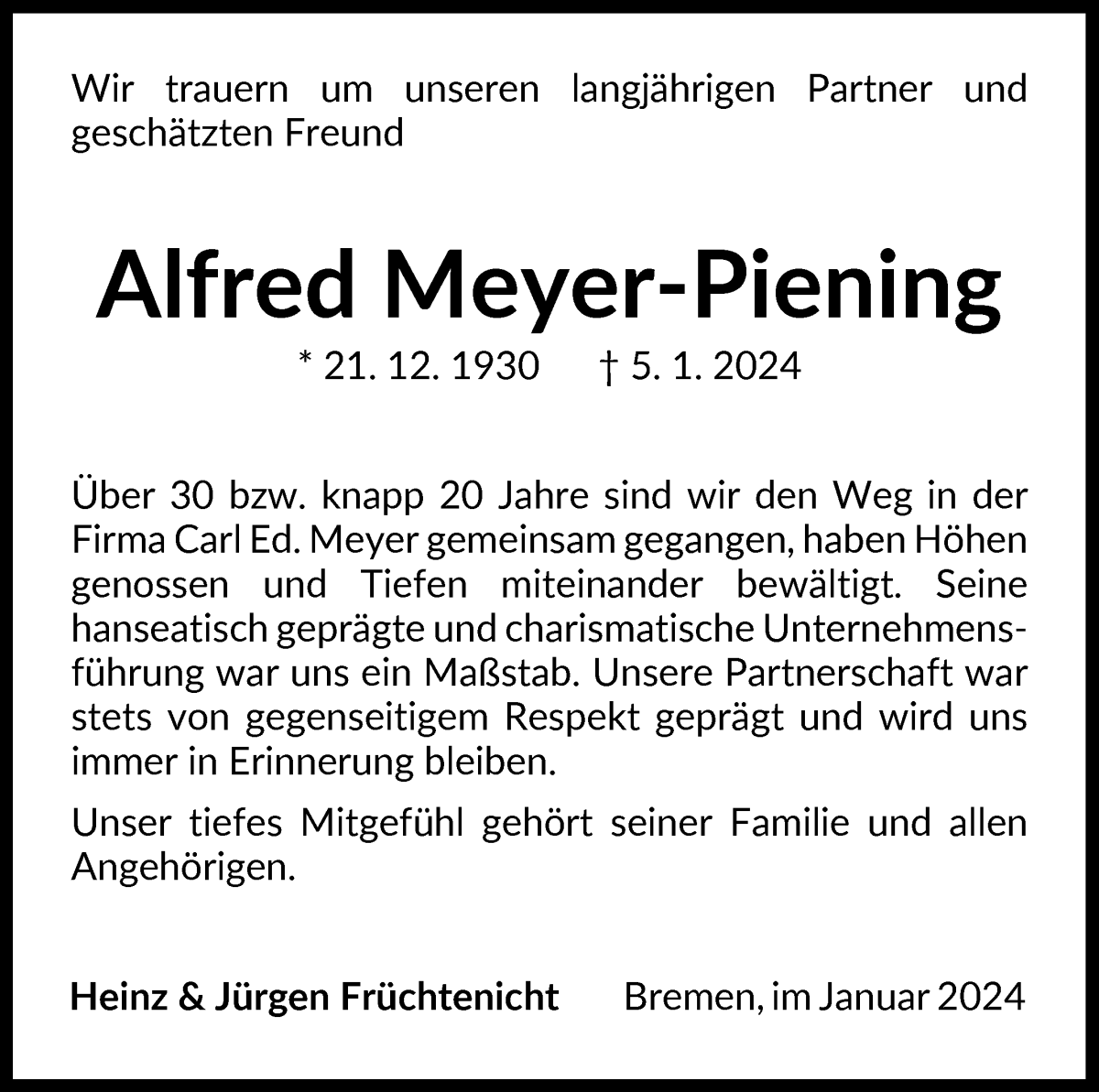 Traueranzeige von Alfred Meyer-Piening von WESER-KURIER