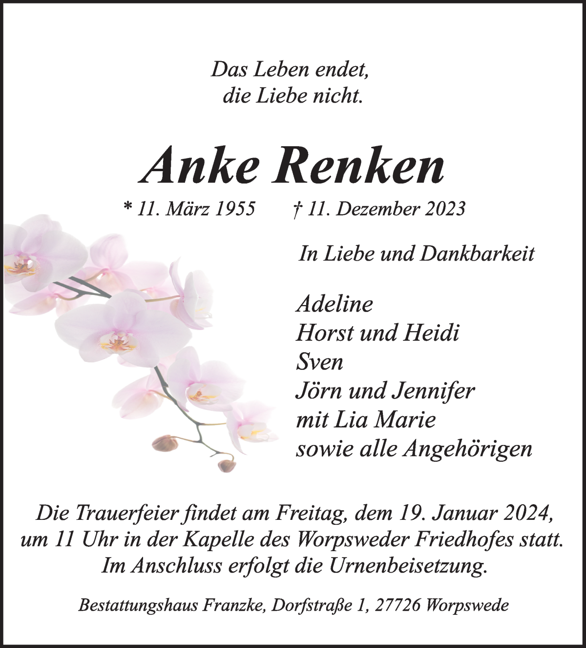  Traueranzeige für Anke Renken vom 06.01.2024 aus Wuemme Zeitung