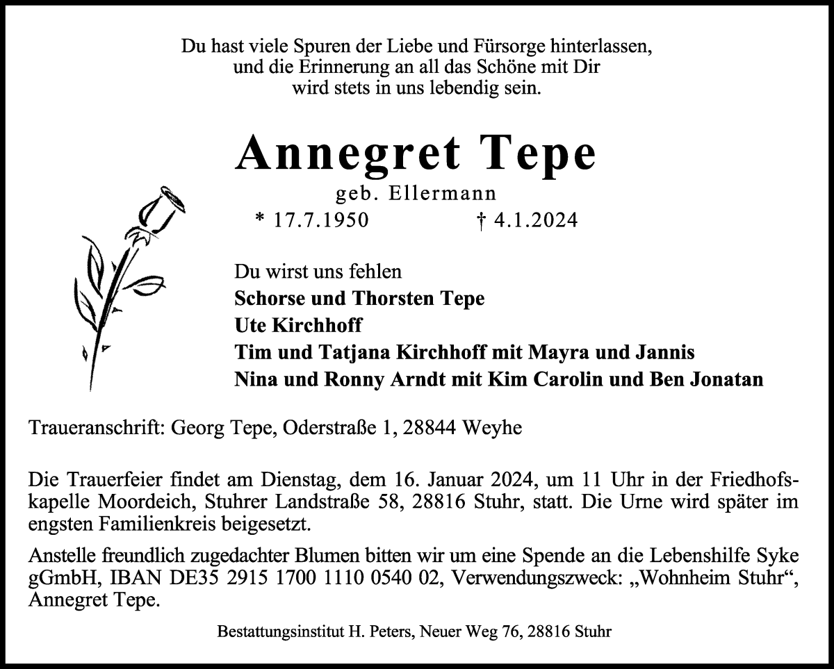 Traueranzeige von Annegret Tepe von WESER-KURIER