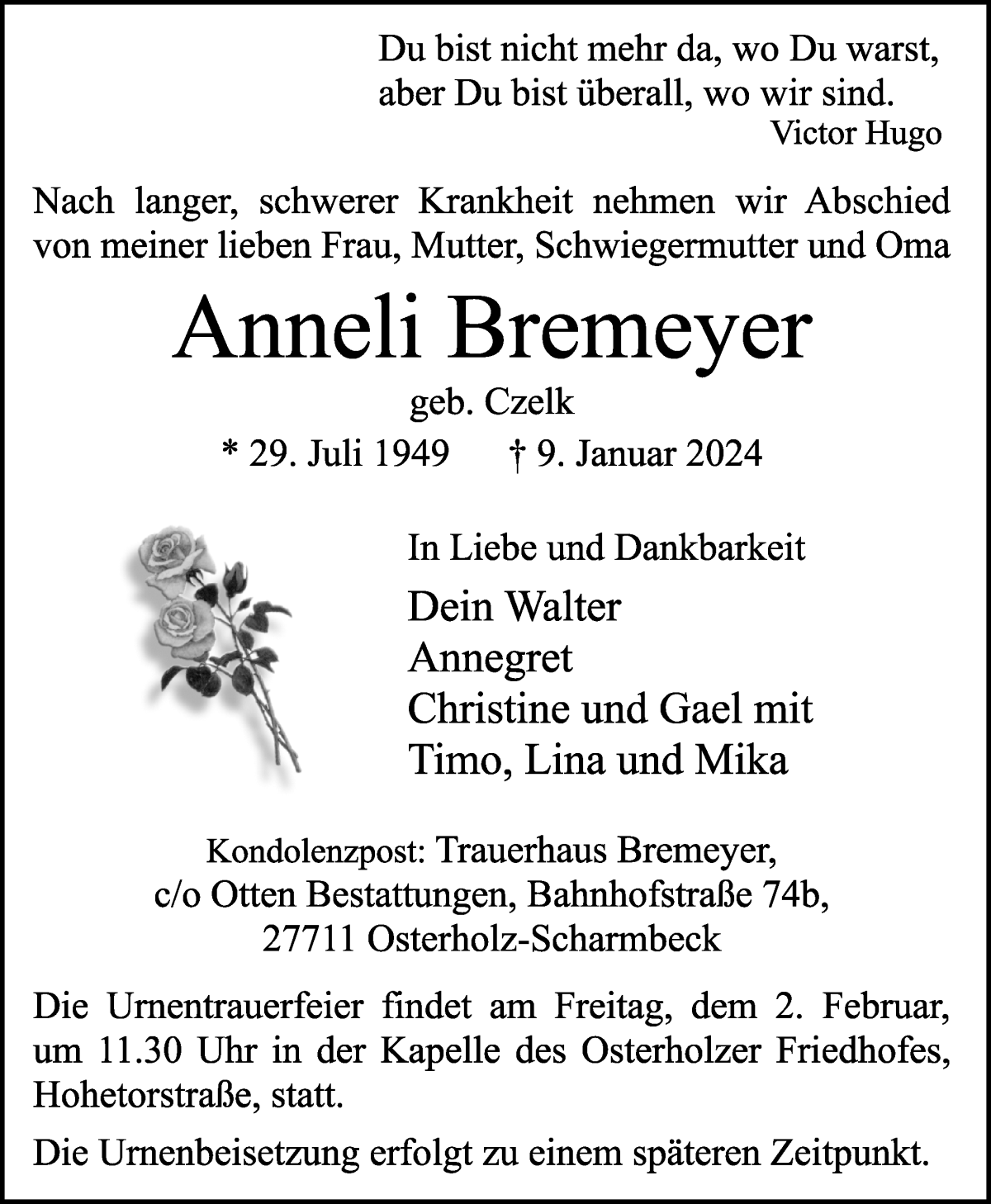 Traueranzeigen Von Anneli Bremeyer | Trauer & Gedenken