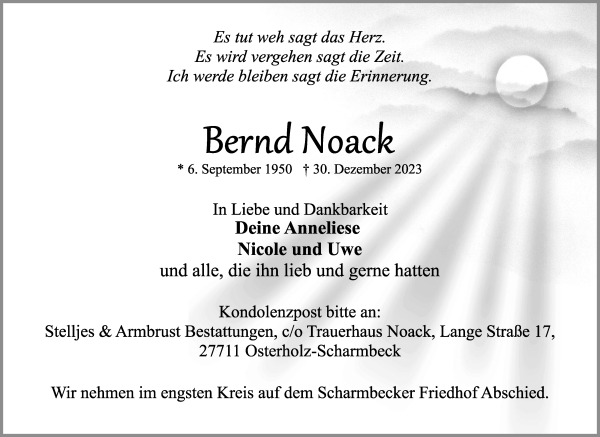 Traueranzeigen Von Bernd Noack | Trauer & Gedenken