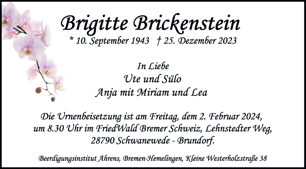  Traueranzeige für Brigitte Brickenstein vom 31.01.2024 aus WESER-KURIER