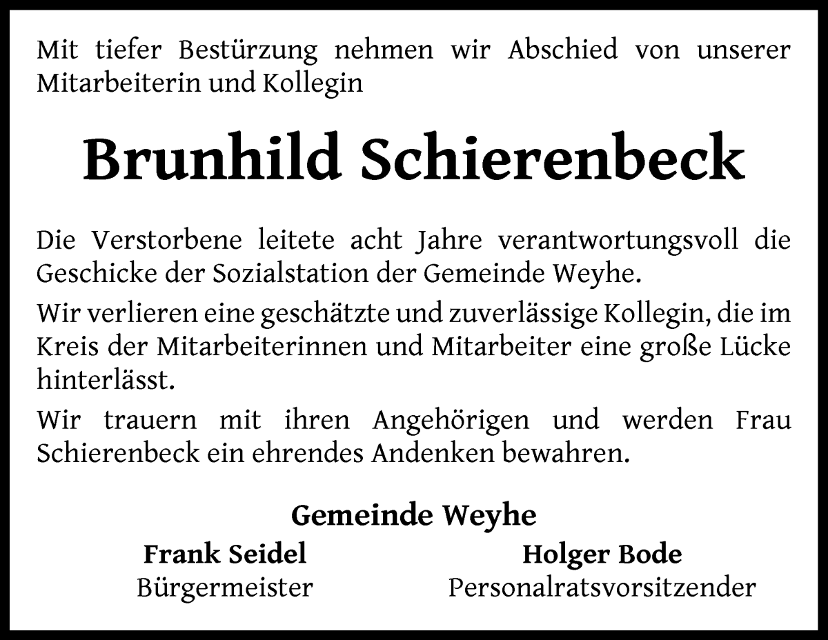 Traueranzeige von Brunhild Schierenbeck von Regionale Rundschau/Syker Kurier