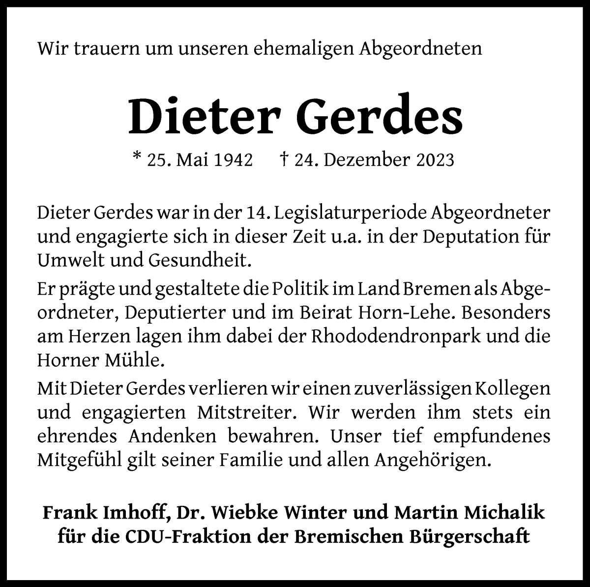  Traueranzeige für Dieter Gerdes vom 06.01.2024 aus WESER-KURIER
