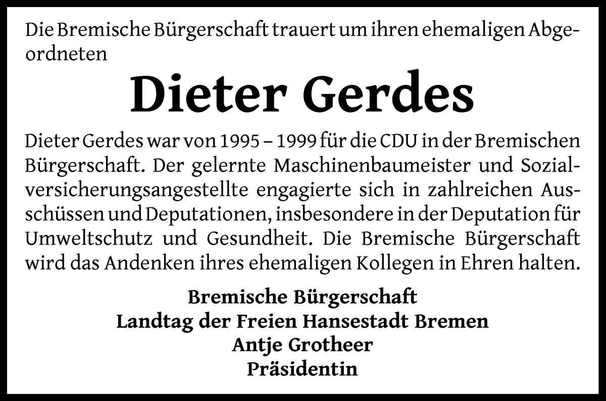 Traueranzeige von Dieter Gerdes von WESER-KURIER